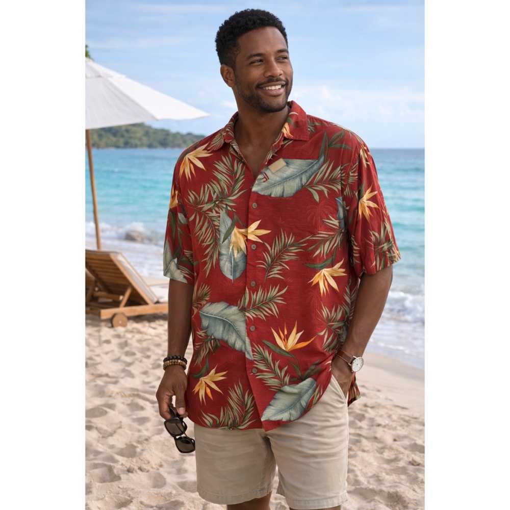 Tommy Bahama Hawaiian Shirt Washable Silk Short Sleeve Button Down Aloha Sz L